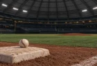 試合前の無人のドーム球場で、ベースの上に置かれた硬式野球ボール