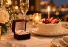 テーブルの上で光る婚約指輪の小箱と、ろうそくの立った小さなバースデーケーキ