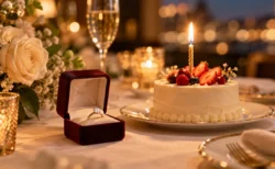 テーブルの上で光る婚約指輪の小箱と、ろうそくの立った小さなバースデーケーキ