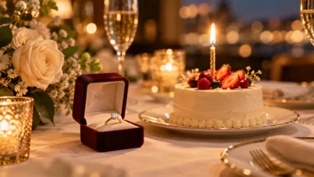 テーブルの上で光る婚約指輪の小箱と、ろうそくの立った小さなバースデーケーキ