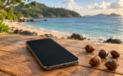 木のテーブルに置かれた画面の暗いスマートフォンとどんぐり、背景にぼやけた南の島の海辺