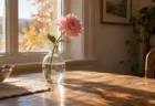 秋の朝の光に照らされた窓辺のガラスの花瓶と一輪の花