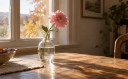 秋の朝の光に照らされた窓辺のガラスの花瓶と一輪の花