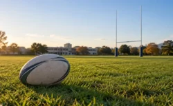 秋の晴れた日の高校のラグビーグラウンドに置かれた楕円球とゴールポスト