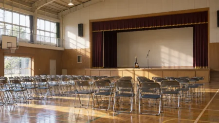 中学校の体育館のステージとエレキギター
