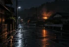雨の夜の住宅街の奥に見える火事の明かりと煙