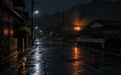 雨の夜の住宅街の奥に見える火事の明かりと煙
