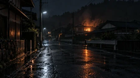 雨の夜の住宅街の奥に見える火事の明かりと煙