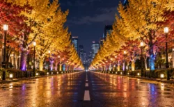 LEDライトで照らされた夜の並木道