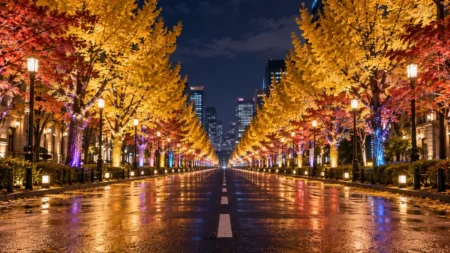 LEDライトで照らされた夜の並木道