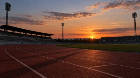 夕暮れの陸上競技場のトラックと無人のスタンド
