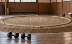 相撲部屋の稽古場の土俵と、土俵脇に置かれた2つの黒い鉄アレイ