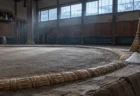 朝の相撲部屋の稽古場、土俵に盛られた塩と立てかけられた竹ぼうき