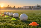 芝の上に並んだサッカーボールとマーカーコーン