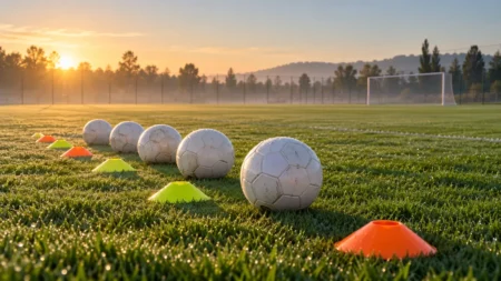 芝の上に並んだサッカーボールとマーカーコーン
