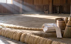 朝の光が差し込む相撲部屋の稽古場、土俵の上に置かれた白い稽古まわしと竹ぼうき