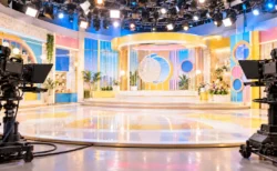 カメラとスポットライトが並ぶ無人のテレビスタジオ