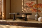 秋の和室の床の間に置かれた短刀の拵えと紅葉の枝