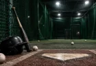 夜の室内練習場の打撃ケージ、ホームベースの横に置かれた打者用ヘルメットとバット、転がる硬式球