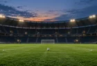 夕暮れのサッカースタジアムのピッチとゴール