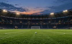 夕暮れのサッカースタジアムのピッチとゴール