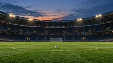 夕暮れのサッカースタジアムのピッチとゴール