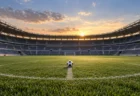夕暮れの無人のサッカースタジアムとセンターサークルに置かれたボール