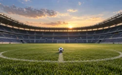 夕暮れの無人のサッカースタジアムとセンターサークルに置かれたボール