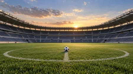 夕暮れの無人のサッカースタジアムとセンターサークルに置かれたボール