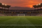 夕暮れのサッカースタジアムのピッチとゴール