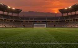 夕暮れのサッカースタジアムのピッチとゴール