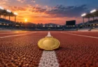 夕暮れの陸上競技場のトラックに置かれた金メダル