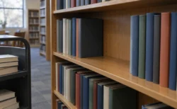 学校図書館の書架の一角だけ本が抜かれて空いた棚と、脇に置かれたブックカート