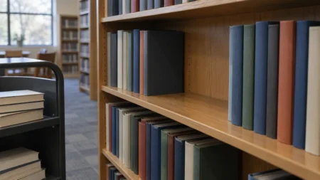 学校図書館の書架の一角だけ本が抜かれて空いた棚と、脇に置かれたブックカート