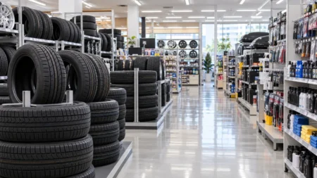カー用品店の明るい売り場