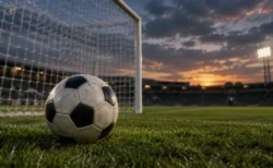 夕暮れのスタジアムでゴールネットの手前に置かれたサッカーボール