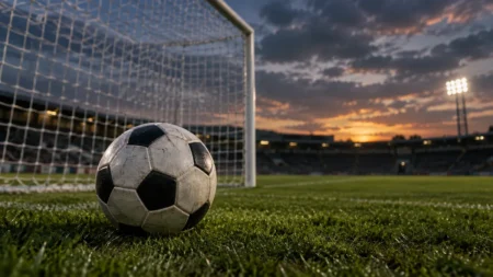 夕暮れのスタジアムでゴールネットの手前に置かれたサッカーボール