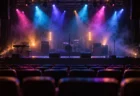 カラフルなスポットライトとスモークに包まれた夜のライブステージ