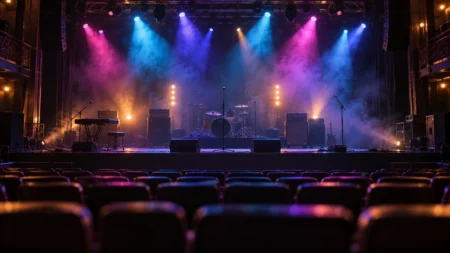 カラフルなスポットライトとスモークに包まれた夜のライブステージ