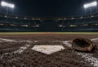 夜の野球場のマウンドとホームベースを結ぶ土のライン、照明に浮かぶグラウンド