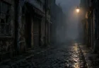 夜の霧に包まれた無人の街の路地と点滅する街灯