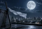 満月の夜、ビルの屋上の手すりに立てかけられた黒い鞘の日本刀と、風に舞う白い布