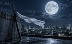 満月の夜、ビルの屋上の手すりに立てかけられた黒い鞘の日本刀と、風に舞う白い布