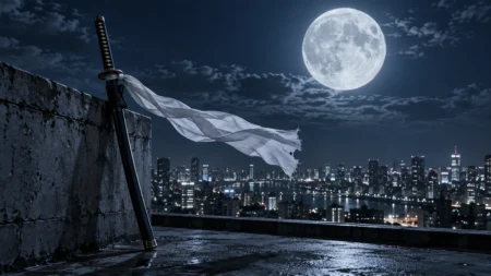 満月の夜、ビルの屋上の手すりに立てかけられた黒い鞘の日本刀と、風に舞う白い布