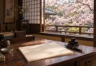 大正時代の和室の書斎、文机に置かれた白紙の原稿用紙と万年筆、障子窓の外に桜