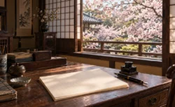 大正時代の和室の書斎、文机に置かれた白紙の原稿用紙と万年筆、障子窓の外に桜