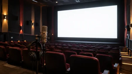無人の映画館で白く光るスクリーンと、手前に置かれた収録用のスタンドマイクとヘッドホン