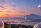 夕暮れの空に浮かぶたくさんのシャボン玉と、絵本のような山並み