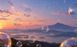 夕暮れの空に浮かぶたくさんのシャボン玉と、絵本のような山並み