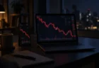 下落を示す株価チャートが映るスマートフォンとノートパソコン